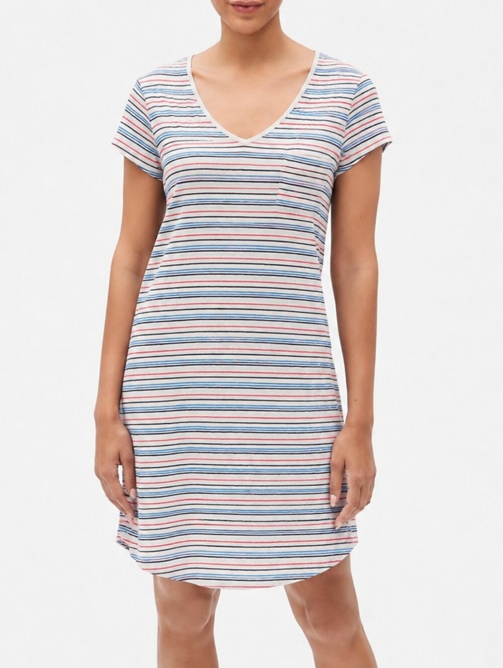 Gap Easy Tee T-Shirt Dress XL White Blue Red Stripe V-Neck Pocket 100% Cotton